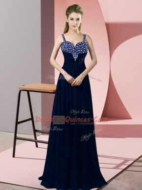Fitting Navy Blue Sleeveless Floor Length Beading Zipper Casual Dresses