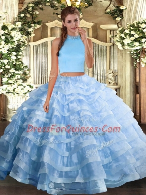 Elegant Light Blue Two Pieces Organza Halter Top Sleeveless Beading and Ruffled Layers Floor Length Backless Vestidos de Quinceanera