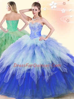 Multi-color Tulle Lace Up Sweetheart Sleeveless Floor Length Quinceanera Gowns Beading and Ruffles