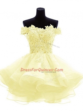 Stylish Organza Off The Shoulder Sleeveless Zipper Beading and Lace and Appliques and Ruffles Prom Evening Gown in Light Yellow