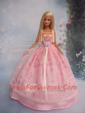 Hand Made Flower Lace Pink Ball Gown Barbie Doll Dress