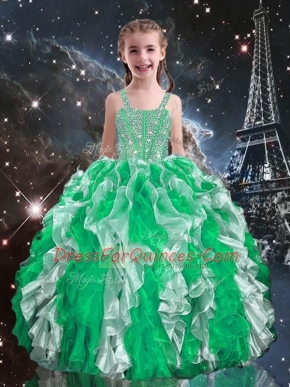 Dramatic Green Organza Lace Up Little Girls Pageant Dress Sleeveless Floor Length Beading and Ruffles