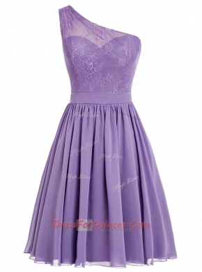 Lavender Chiffon Side Zipper One Shoulder Sleeveless Ankle Length Appliques