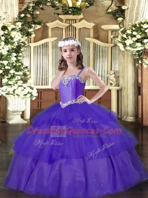 Beauteous Purple Organza Lace Up Pageant Dress for Teens Sleeveless Floor Length Beading and Ruffled Layers