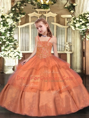 Trendy Organza Straps Sleeveless Lace Up Beading and Ruffled Layers Child Pageant Dress in Orange