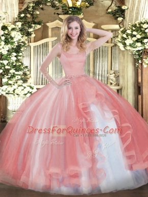 Ball Gowns Sweet 16 Dress Coral Red Straps Tulle Sleeveless Floor Length Zipper