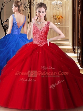 Pick Ups Ball Gowns 15th Birthday Dress Red V-neck Tulle Sleeveless Floor Length Backless