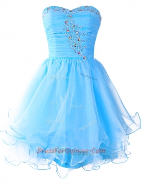 Sweetheart Sleeveless Prom Gown Mini Length Beading Baby Blue Organza