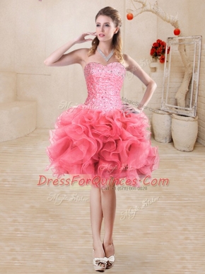 Fine Watermelon Red Lace Up Sweetheart Beading and Ruffles Homecoming Dress Organza Sleeveless