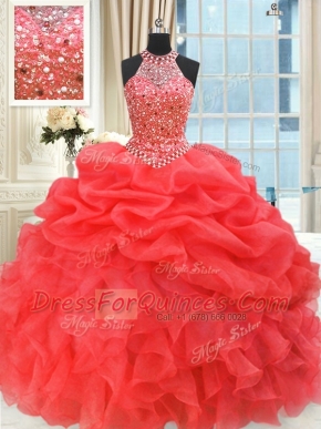 Dramatic Floor Length Coral Red Quince Ball Gowns Organza Sleeveless Beading and Pick Ups