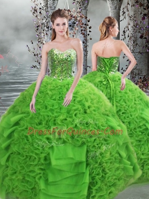 Green Organza Lace Up Sweetheart Sleeveless Floor Length Quinceanera Gown Beading and Ruffles