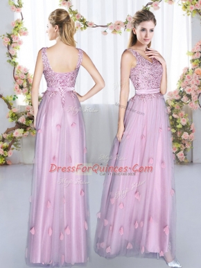Low Price Lavender Tulle Lace Up V-neck Sleeveless Floor Length Quinceanera Court Dresses Beading and Appliques