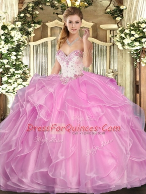 Rose Pink Ball Gowns Sweetheart Sleeveless Organza Floor Length Lace Up Beading and Ruffles Quinceanera Gown