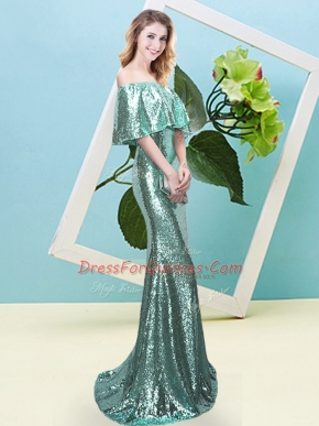 Pretty Apple Green Half Sleeves Sequins Floor Length Prom Party Dress