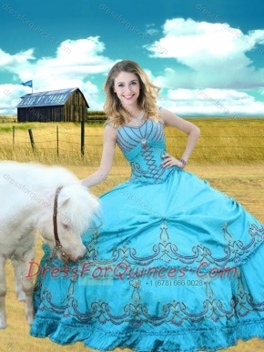 V Neck Embroidered Aqua Blue Sweet 16 Gown with Cap Sleeves