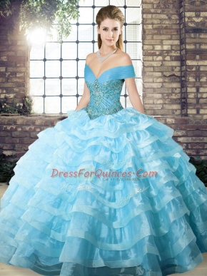 New Style Off The Shoulder Sleeveless Sweet 16 Dresses Brush Train Beading and Ruffled Layers Aqua Blue Organza