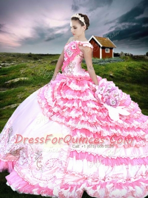 One Shoulder Pink And White Organza and Taffeta Lace Up Sweet 16 Quinceanera Dress Sleeveless Floor Length Beading and Embroidery and Ruffled Layers