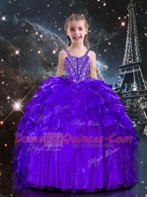Dramatic Dark Purple Lace Up Spaghetti Straps Beading and Ruffles Flower Girl Dress Organza Sleeveless