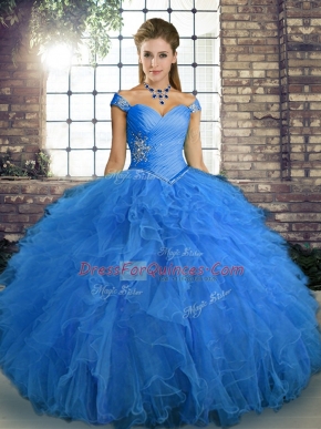 Blue Lace Up Off The Shoulder Beading and Ruffles Quinceanera Gown Tulle Sleeveless