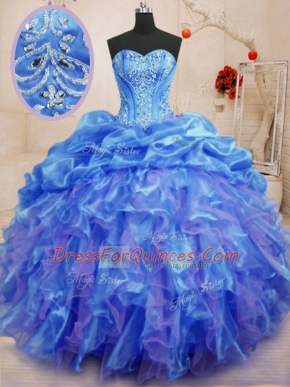 Sophisticated Blue Ball Gown Prom Dress Military Ball and Sweet 16 and Quinceanera and For with Beading and Ruffles Sweetheart Sleeveless Lace Up