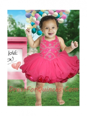 2014 Beading and Ruffles Halter Little Girl Dress with Knee-length