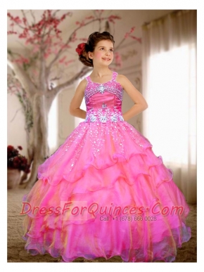 2014 Hot Pink Ball Gown Straps Little Girl Pageant Dresses with Beading