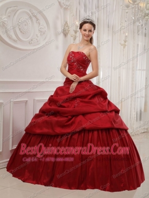 Wine Red Ball Gown Strapless Floor-length Taffeta Ruffles Quinceanera Dress