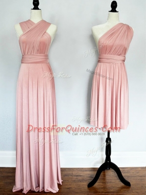 Sleeveless Floor Length Ruching Lace Up Quinceanera Court of Honor Dress with Pink