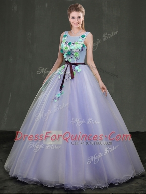 Pretty Scoop Sleeveless Organza Floor Length Lace Up Vestidos de Quinceanera in Lavender with Appliques