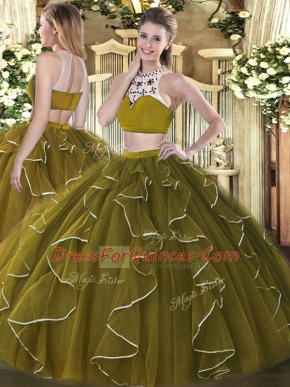 Sumptuous High-neck Sleeveless Backless Sweet 16 Quinceanera Dress Olive Green Organza