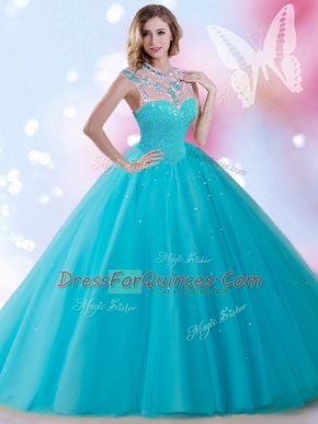 Aqua Blue Sleeveless Floor Length Beading and Sequins Zipper 15 Quinceanera Dress
