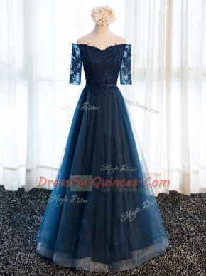 V-neck Half Sleeves Tulle Prom Evening Gown Beading and Lace and Appliques Lace Up