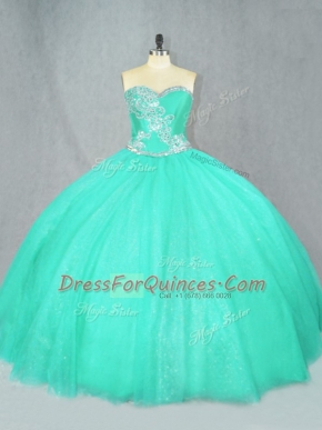 Trendy Sleeveless Tulle Floor Length Lace Up Ball Gown Prom Dress in Turquoise with Beading