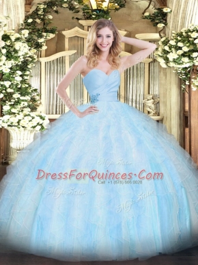 Light Blue Organza Lace Up 15 Quinceanera Dress Sleeveless Floor Length Beading and Ruffles