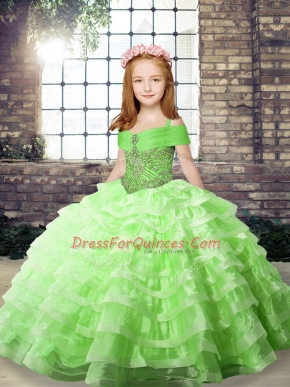 Ball Gowns Straps Sleeveless Organza Floor Length Lace Up Beading and Ruffled Layers Winning Pageant Gowns