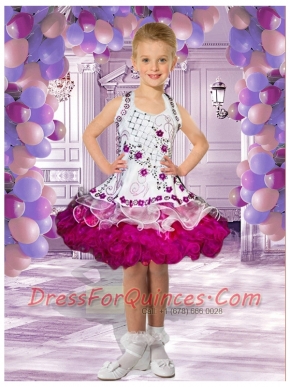 2014 Luxurious Halter Knee-length Embroidery and Ruffles White Little Girl Dress