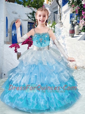 Customized Straps Little Girl Pageant Dresses with Ruffled Layers and Appliques