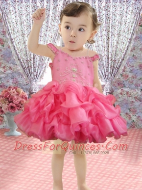 Rose Pink Beading and Ruffles Mini-length Little Girl Dress with Off the Shoulder