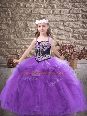 Purple Sleeveless Floor Length Embroidery and Ruffles Lace Up Girls Pageant Dresses