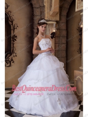 Pretty Ball Gown Strapless Floor-length Appliques Satin and Organza White Quinceanera Dress