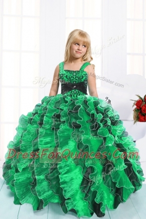 Green Ball Gowns Organza Straps Sleeveless Beading and Ruffles Floor Length Lace Up Kids Formal Wear