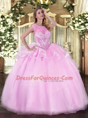 Unique Pink Ball Gowns Organza Scoop Sleeveless Beading Floor Length Zipper Quinceanera Gowns
