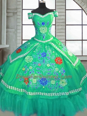 Green Taffeta Lace Up 15th Birthday Dress Short Sleeves Floor Length Beading and Embroidery