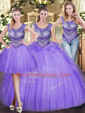 Inexpensive Lavender Lace Up 15 Quinceanera Dress Beading and Ruffles Sleeveless Floor Length