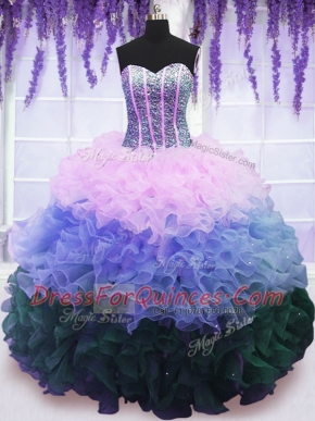 Multi-color Sweetheart Neckline Beading and Ruffles and Ruffled Layers Ball Gown Prom Dress Sleeveless Lace Up
