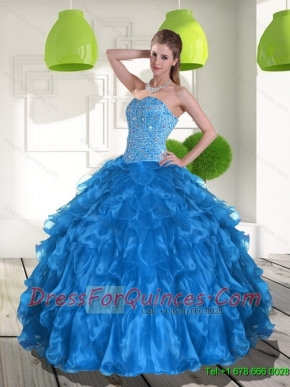 2015 Best  Blue Quinceanera Dress with Ruffles and Beading