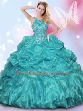 Fantastic Halter Top Teal Ball Gowns Appliques and Ruffles and Pick Ups Sweet 16 Dress Lace Up Organza and Taffeta Sleeveless Floor Length