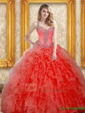 Best Beading and Ruffles Coral Red Quinceanera Dress