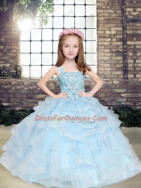 Light Blue Lace Up Straps Beading and Ruffles Girls Pageant Dresses Tulle Sleeveless