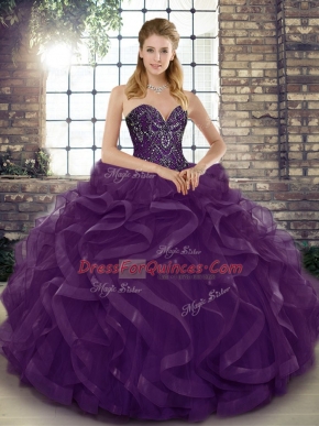 Dark Purple Lace Up Quinceanera Gown Beading and Ruffles Sleeveless Floor Length